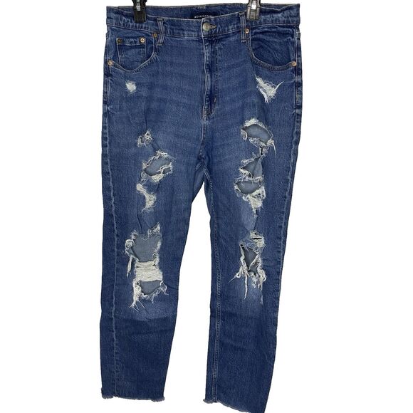 AEROPOSTALE Jeans Mom Fit High Waist Destroyed Raw Hem Distressed Womens 16 Blue - Picture 1 of 9